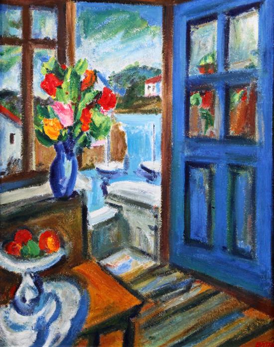 Gerhard Batha (South African b.1937) Harbour viewed from a doorway, 20 x 14in.